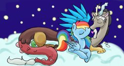 Size: 1024x550 | Tagged: safe, artist:insanityofdeath, discord, rainbow dash, g4, female, kissing, male, night, ship:discodash, shipping, straight