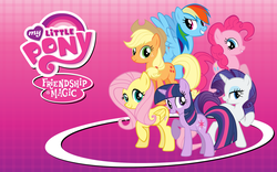 Size: 1680x1050 | Tagged: safe, artist:doctor-g, applejack, fluttershy, pinkie pie, rainbow dash, rarity, twilight sparkle, earth pony, pegasus, pony, unicorn, g4, female, group shot, logo, mane six, mare, my little pony logo, vector, wallpaper