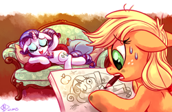 Size: 1500x975 | Tagged: safe, artist:whitediamonds, applejack, rarity, earth pony, pony, unicorn, rarijack daily, g4, close enough, couch, draw me like one of your french girls, duo, eyes closed, eyeshadow, female, floppy ears, freckles, hilarious in hindsight, lesbian, makeup, mare, missing accessory, mouth hold, nailed it, obligatory apple, open mouth, pencil, ship:rarijack, shipping, stylistic suck, sweat, sweatdrop, titanic