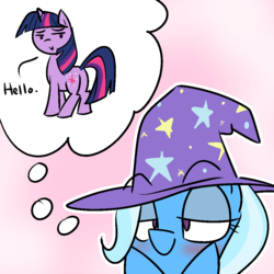 Size: 1000x1000 | Tagged: safe, artist:grilledcat, trixie, twilight sparkle, pony, unicorn, g4, blushing, female, hat, imagination, lesbian, lidded eyes, mare, ship:twixie, shipping, thought bubble, unicorn twilight