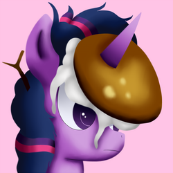 Size: 1275x1275 | Tagged: safe, artist:king-sombrero, twilight sparkle, alicorn, pony, castle sweet castle, g4, female, frown, horn, horn impalement, i'm pancake, mare, pancakes, scene interpretation, solo, twilight sparkle (alicorn), whipped cream