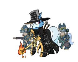Size: 1280x1022 | Tagged: safe, artist:elslowmo, artist:sanity-x, trixie, pony, unicorn, g4, colored, crossover, dawn of war, female, giant hat, hat, imperial guard, inquisition, inquisitor, inquisitor adrastia, lasgun, mare, plasma gun, ponified, stormtrooper, torch, warhammer (game), warhammer 40k