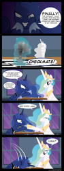 Size: 2480x6580 | Tagged: safe, artist:ikuvaito, princess celestia, princess luna, alicorn, pony, g4, chess, comic, hoofbump, magic, telekinesis, trollestia