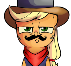 Size: 2000x1855 | Tagged: safe, artist:ildhb, applejack, friendship is magic #22, g4, bandana, cowboy hat, fake moustache, female, hat, looking at you, simple background, solo, transparent background