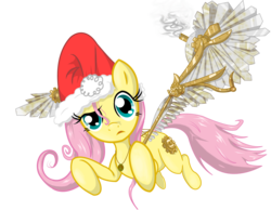 Size: 2500x1941 | Tagged: dead source, safe, artist:hereticofdune, fluttershy, pegasus, pony, g4, artificial wings, female, hat, mechanical wing, santa hat, simple background, solo, steampunk, transparent background