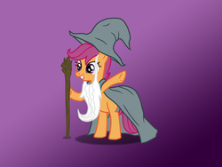 Size: 1024x768 | Tagged: safe, artist:xx-mr-no-name-xx, scootaloo, pony, g4, bipedal, clothes, costume, crossover, female, gandalf, lord of the rings, solo, staff