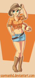 Size: 791x1762 | Tagged: safe, artist:saymanhd, applejack, human, g4, belly button, boots, clothes, female, front knot midriff, humanized, midriff, shorts, solo