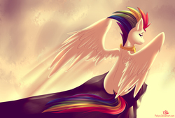 Size: 3072x2073 | Tagged: safe, artist:pshyzomancer, rainbow dash, pegasus, pony, g4, female, high res, looking at you, looking back, looking back at you, rock, sitting, solo, spread wings, super rainbow dash, wings