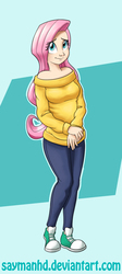 Size: 791x1762 | Tagged: safe, artist:saymanhd, fluttershy, human, g4, clothes, converse, female, humanized, off shoulder, smiling, solo, sweater, sweatershy