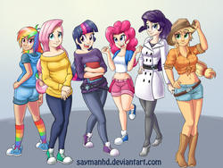 Size: 2253x1695 | Tagged: safe, artist:saymanhd, applejack, fluttershy, pinkie pie, rainbow dash, rarity, twilight sparkle, human, g4, belly button, book, boots, clothes, converse, cowboy hat, female, freckles, front knot midriff, hat, high heels, humanized, jeans, mane six, midriff, pants, shoes, shorts, smiling, smirk