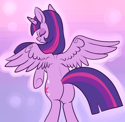 Size: 611x593 | Tagged: safe, artist:lulubell, twilight sparkle, alicorn, pony, g4, back, butt, eyes closed, female, mare, plot, rearing, solo, spread wings, twilight sparkle (alicorn)