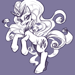 Size: 1024x1024 | Tagged: safe, artist:han_hyui, nightmare rarity, g4, full body, lineart, long mane, monochrome, purple background, rearing, side view, simple background, solo