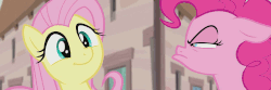 Size: 1855x616 | Tagged: safe, edit, edited screencap, screencap, fluttershy, pinkie pie, g4, the cutie map, animated, cropped, cute, female, flutterbob, frown, head shake, implied dancing, looking at each other, loop, shyabetes, smiling, squint, when she doesn't smile