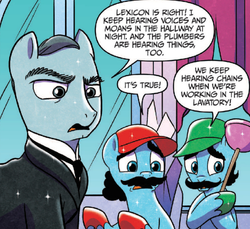 Size: 832x762 | Tagged: safe, idw, official comic, lexicon, crystal pony, pony, spoiler:comic, spoiler:comicff4, cameo, charles carson, colored hooves, downton abbey, facial hair, luigi, male, mario, moustache, out of context, plumber, ponified, speech bubble, stallion, super mario bros.