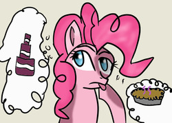 Size: 504x360 | Tagged: safe, pinkie pie, g4, cake, choosing, pie, thinking