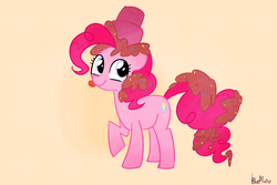 Size: 1280x853 | Tagged: safe, artist:gmrqor, pinkie pie, g4, female, hidden confetti cannon, raised hoof, solo, tongue out