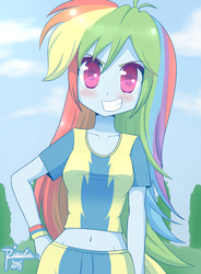 Size: 823x1120 | Tagged: safe, artist:riouku, rainbow dash, equestria girls, g4, belly button, blushing, cute, dashabetes, fanfic art, fanfic cover, female, grin, looking at you, midriff, smiling, solo, wonderbolt trainee uniform