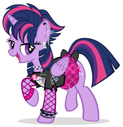 Size: 1168x1200 | Tagged: safe, artist:pixelkitties, princess celestia, twilight sparkle, alicorn, pony, castle sweet castle, alternate hairstyle, bedroom eyes, bow, bracelet, british, button, clothes, ear piercing, earring, female, flirting, folded wings, god save the queen, mare, misfits, misspelling, mod, necklace, no chola, open mouth, piercing, punk, punklight sparkle, raised hoof, safety pin, sex pistols, shirt, simple background, skirt, smiling, solo, spiked wristband, sticker, stockings, tail bow, the pogues, torn clothes, transparent background, twilight punkle, twilight sparkle (alicorn), vector