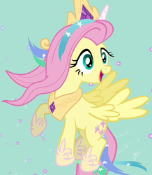 Size: 540x620 | Tagged: safe, screencap, fluttershy, pegasus, pony, g4, testing testing 1-2-3, celestia costume, celestia's crown, clothes, cosplay, costume, cropped, crown, fake horn, female, flying, implied princess celestia, jewelry, mare, peytral, regalia, shylestia, solo