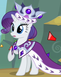 Size: 400x504 | Tagged: safe, screencap, princess platinum, rarity, g4, hearth's warming eve (episode), clothes, costume, crown, dress, female, gem, jewelry, open mouth, princess, raised hoof, regalia, royalty, solo