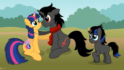 Size: 3840x2160 | Tagged: safe, artist:flashlighthouse, oc, oc:aria, oc:baelfire, alicorn, pony, unicorn, alicorn oc, clothes, female, high res, horn, male, mare, next generation, parents:oc x oc, scarf, straight, unicorn oc, wings