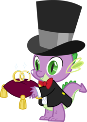 Size: 2044x2852 | Tagged: safe, spike, dragon, a canterlot wedding, g4, official, bowtie, castle creator, clothes, hat, high res, male, ring, ring bearer, ruffled shirt, simple background, slit pupils, solo, spike's first bow tie, suit, tailcoat, top hat, transparent background, tuxedo, vector, wedding ring