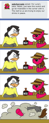 Size: 542x1351 | Tagged: safe, artist:calbeck, artist:greyofpta, oc, oc only, oc:cherry pie, duck, fallout equestria, alcohol, bar fight, fight, inflatabelle, looking at each other, underhoof