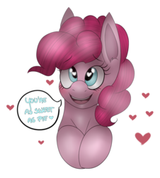 Size: 1087x1200 | Tagged: safe, artist:dweebpone, pinkie pie, earth pony, pony, g4, bust, dialogue, female, heart, heart eyes, looking at you, mare, open mouth, simple background, smiling, solo, speech bubble, transparent background, wingding eyes