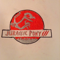 Size: 768x767 | Tagged: safe, griffon, spinosaurus, drawing, jurassic park, jurassic park 3, logo parody, skeleton, title screen, traditional art