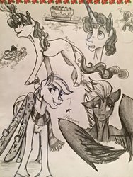 Size: 1024x1365 | Tagged: safe, artist:alexacana, double diamond, night glider, party favor, sugar belle, g4, equal four, monochrome, traditional art