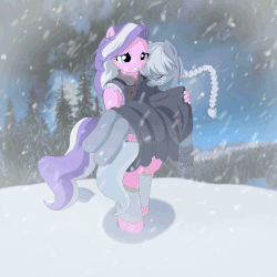 Size: 1000x1000 | Tagged: safe, artist:fantasyblade, diamond tiara, silver spoon, anthro, unguligrade anthro, adventure in the comments, animated, apple buruma project, carrying, duo, epic, female, frame by frame, sad, snow, snowfall, unconscious, wind