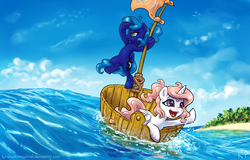 Size: 1250x800 | Tagged: safe, artist:kp-shadowsquirrel, princess celestia, princess luna, alicorn, pony, g4, armpits, beach, boat, cewestia, cute, cutelestia, duo, duo female, female, filly, foal, lunabetes, ocean, open mouth, royal sisters, siblings, sisters, smiling, water, woona, younger