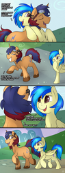 Size: 900x2359 | Tagged: safe, artist:meggchan, oc, oc only, oc:electric spark, oc:silvia windmane, pegasus, pony, unicorn, comic:spark of interest, comic, cute, giggling, goggles, hug, outdoors, pegasus oc, silspark, smiling, this will end in porn, walking