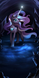 Size: 694x1404 | Tagged: dead source, safe, artist:ruhje, nightmare rarity, pony, unicorn, g4, cave, female, magic, solo, water
