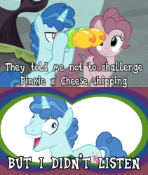 Size: 800x946 | Tagged: safe, artist:chainchomp2 edits, cheese sandwich, party favor, pinkie pie, g4, balloon vision, crossing the memes, exploitable meme, female, i didn't listen, image macro, male, meme, ship:cheesepie, ship:partypie, shipping, shipping war, straight