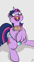 Size: 666x1199 | Tagged: safe, artist:thenocturnalrainbow, twilight sparkle, alicorn, pony, g4, adult foal, book, diaper, female, mare, non-baby in diaper, pacifier, solo, twilight sparkle (alicorn)