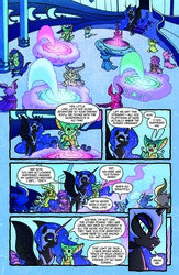 Size: 1160x1783 | Tagged: safe, idw, official comic, gaiman, nightmare moon, alicorn, nyx (moon creatures), pony, g4, spoiler:comic, spoiler:comicfiendshipismagic4, comic, ethereal mane, female, mare, moon, preview, speech bubble, starry mane