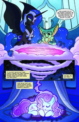 Size: 1160x1783 | Tagged: safe, idw, official comic, gaiman, nightmare moon, alicorn, nyx (moon creatures), pony, unicorn, g4, spoiler:comic, spoiler:comicfiendshipismagic4, comic, ethereal mane, female, magic, mare, moon, preview, speech bubble, starry mane