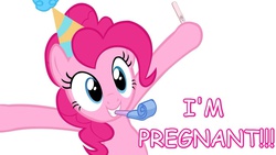 Size: 1191x670 | Tagged: safe, edit, pinkie pie, g4, comic sans, female, happy, hilarious in hindsight, photoshop, pregnancy test, pregnant, simple background, solo, vector, white background