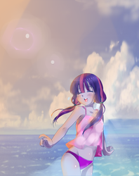 Size: 780x983 | Tagged: safe, artist:lovecupcake20, twilight sparkle, human, g4, beach, belly button, bikini, clothes, cute, eyes closed, humanized, midriff, ocean, open mouth, pony coloring, ponytails, purple underwear, swimsuit, tank top, underwear, water