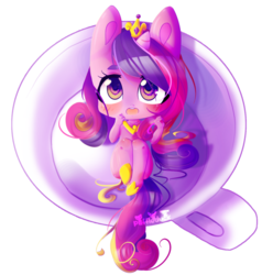 Size: 872x915 | Tagged: safe, artist:puffleduck, princess cadance, anthro, g4, :o, blushing, cup of pony, cute, looking at you, looking up, micro, on back, teacup, tiny ponies