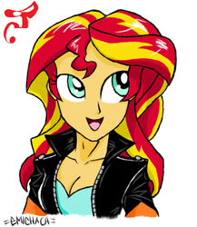 Size: 637x734 | Tagged: safe, artist:emichaca, sunset shimmer, equestria girls, g4, cleavage, clothes, female, leather jacket, smiling