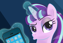 Size: 900x612 | Tagged: safe, artist:frostenstein, starlight glimmer, pony, unicorn, g4, cellphone, cutie mark, duckface, female, horn, magic, phone, smartphone, solo, telekinesis