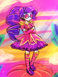 Size: 720x960 | Tagged: safe, artist:lumineko, rarity, equestria girls, friendship through the ages, g4, 30 minute art challenge, alternate hairstyle, boots, clothes, crossed arms, dress, female, glasses, looking at you, rockin' hair, sgt. rarity, smiling, solo