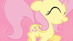 Size: 1191x670 | Tagged: safe, artist:soortes, fluttershy, g4, chibi, cute, eyes closed, female, floppy ears, open mouth, raised hoof, raised leg, smiling, solo
