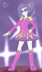 Size: 1126x1920 | Tagged: safe, artist:jonfawkes, rarity, equestria girls, friendship through the ages, g4, 30 minute art challenge, alternate hairstyle, boots, clothes, dress, female, glasses, rockin' hair, sgt. rarity, smiling, solo