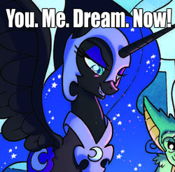 Size: 488x480 | Tagged: safe, edit, idw, nightmare moon, alicorn, pony, fiendship is magic #4, g4, my little pony: fiendship is magic, spoiler:comic, bedroom eyes, caption, dream, female, image macro, implied sex, mare, meme, you. me. x. now.