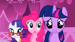 Size: 1366x768 | Tagged: safe, screencap, pinkie pie, rarity, twilight sparkle, g4, my little pony: friendship is magic, suited for success, measuring tape