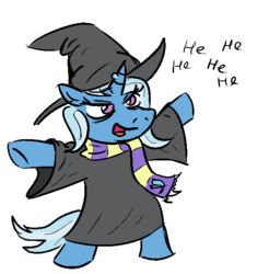 Size: 586x596 | Tagged: safe, artist:jargon scott, trixie, pony, unicorn, g4, alternate universe, cloak, clothes, female, hat, laughing, mare, scarf, solo, sword rara, wart, wicxie, witch