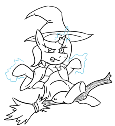 Size: 881x963 | Tagged: safe, artist:jargon scott, trixie, pony, unicorn, g4, alternate universe, broom, cloak, clothes, female, flying, flying broomstick, hat, magic, mare, monochrome, open mouth, scarf, simple background, sitting, solo, sword rara, wart, white background, wicxie, witch